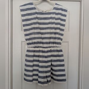 Copper Key Navy and White Pom-Pom Trim Sleeveless Romper M